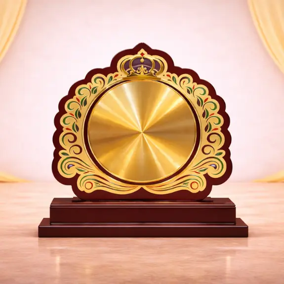 Ornate award plaque on wooden base